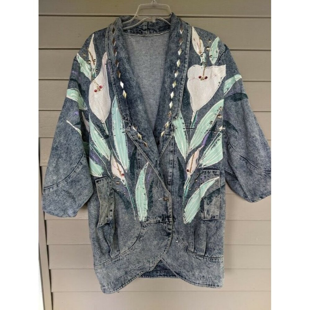 VTG Womens Size XL Rhinestone Beaded Heavy Denim Jacket Shoulder Pads QTR Sleeve